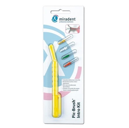 Szczotki do przestrzeni międzyzębowych uchwyt + 4 szczotki- PIC BRUSH INTRO KIT kolor żółty
