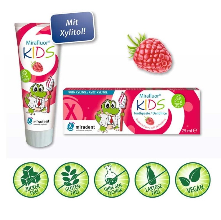 Pasta dla dzieci mirafluor kids, o smaku malinowym 75 ml